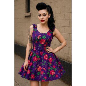 DBA LA Womens Dress Size 7 Purple Floral Cottagecore Rockabilly Vintage USA 80s‎